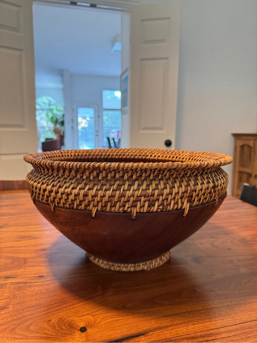 Large Solid Wood Bowl Rattan Basket Hand Carved 14"